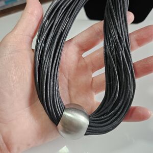 JJ Black Multi Corded Large Silver Tone Bead Necklace 17-20"